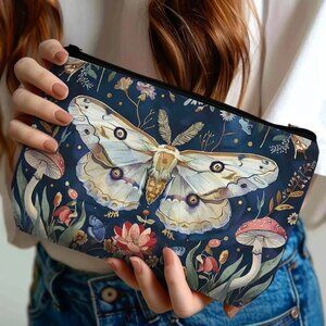 Moth & Floral Print Makeup Bag Lightweight & Stylish with zipper enclosure